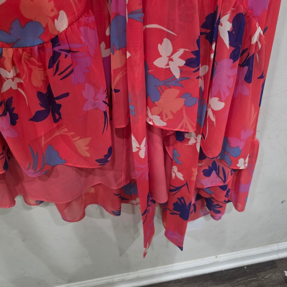 Floral High Neck High-Low Maxi Dress Pink Purple Sleeveless Halter Keyhole Back - Picture 5 of 10